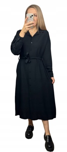 Długa sukienka szmizjerka koszulowa długi rękaw guziki luźna wiskoza M L XL