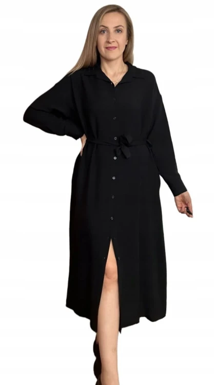 Długa sukienka szmizjerka koszulowa długi rękaw guziki luźna wiskoza M L XL