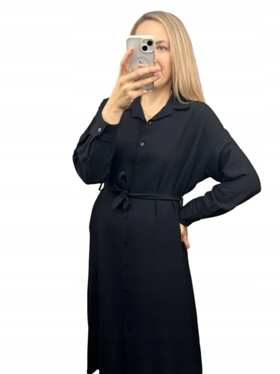 Długa sukienka szmizjerka koszulowa długi rękaw guziki luźna wiskoza M L XL