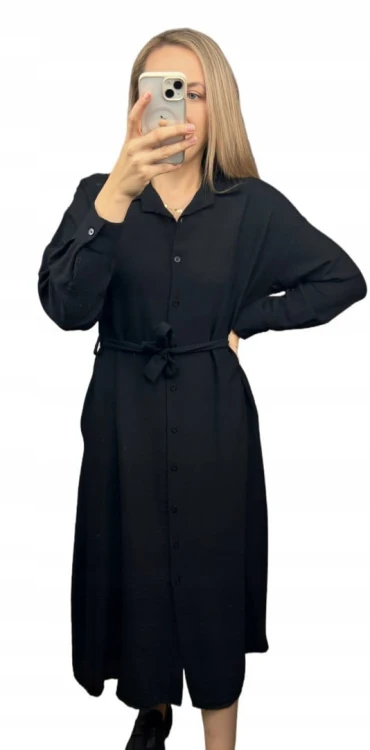 Długa sukienka szmizjerka koszulowa długi rękaw guziki luźna wiskoza M L XL