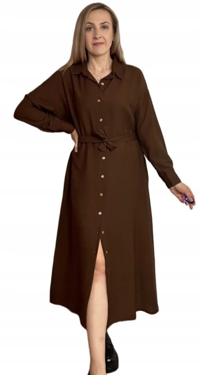 Długa sukienka szmizjerka koszulowa długi rękaw guziki luźna wiskoza M L XL