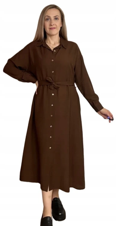 Długa sukienka szmizjerka koszulowa długi rękaw guziki luźna wiskoza M L XL