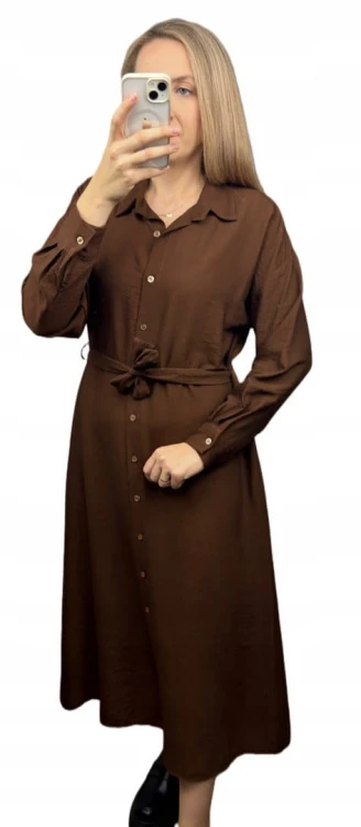 Długa sukienka szmizjerka koszulowa długi rękaw guziki luźna wiskoza M L XL